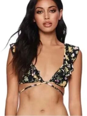 Beach Bunny Black Floral Ruffle Wrap Crop Top with Yellow Pink Green Accents